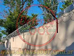 Instalación de concertina helicoidal cruzadade 45 cm sobre muro con soportes inclinados.